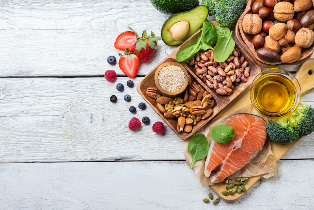 Healthy Stress-Relief Foods on a Wooden Surface