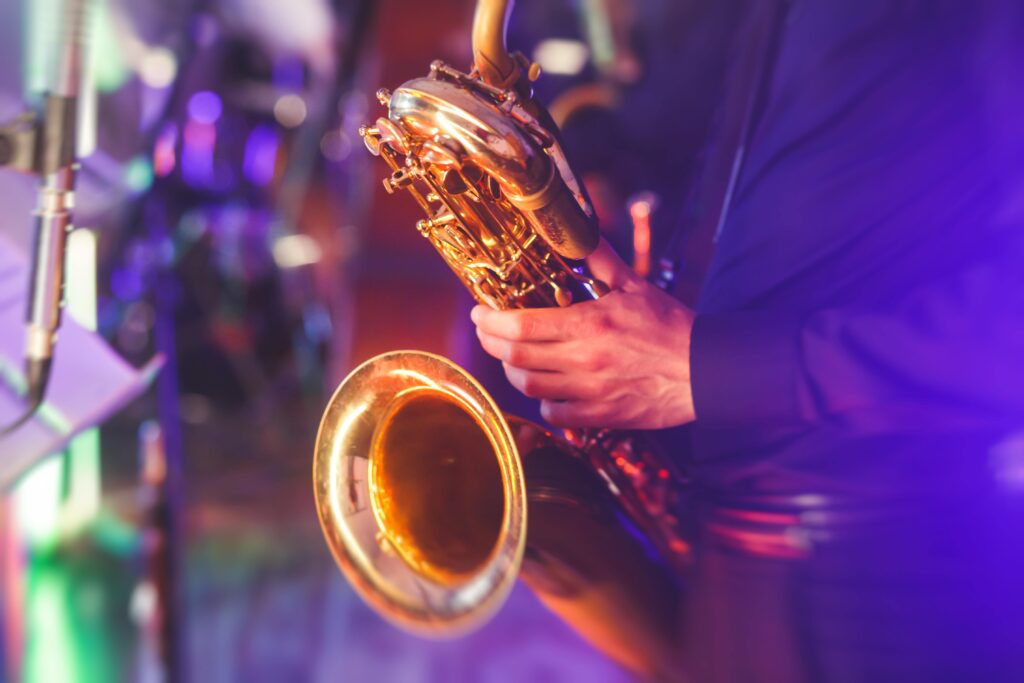 Musician plays saxophone